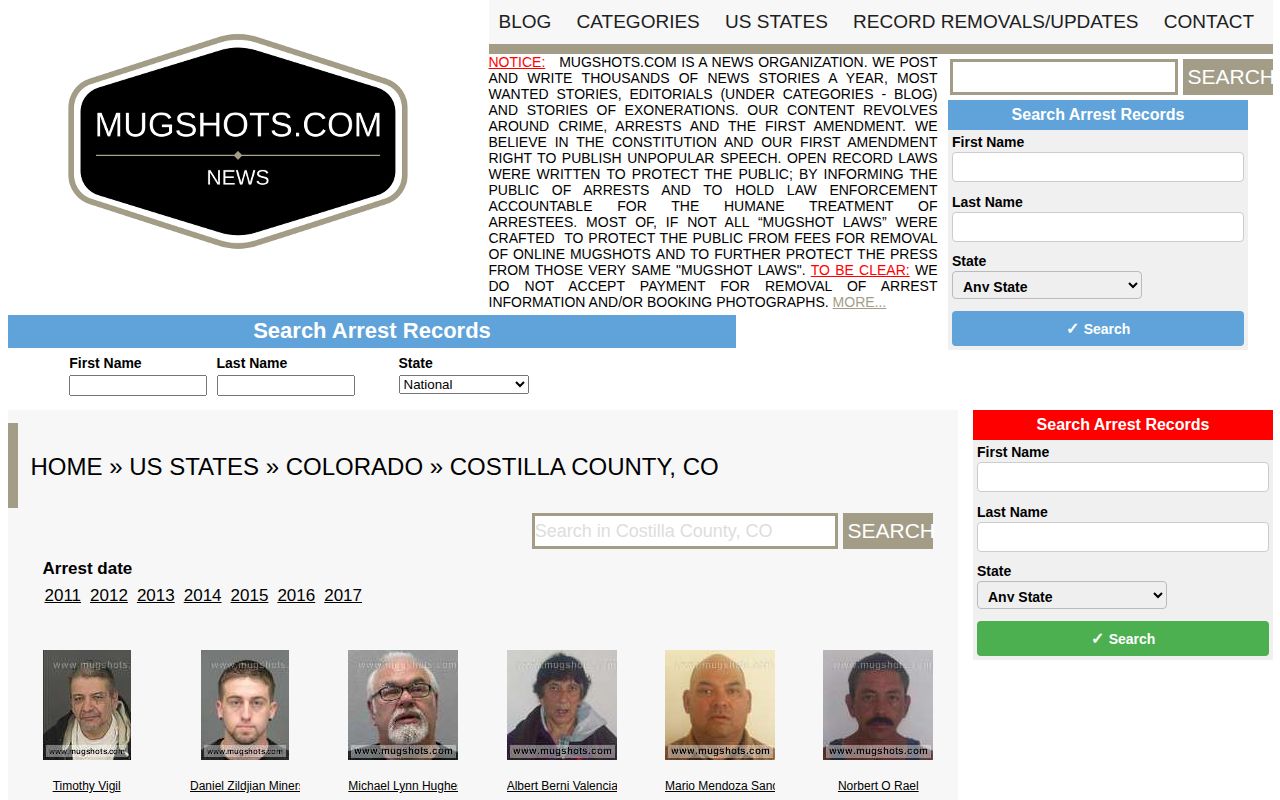 Costilla County historical unofficial mugshot record section